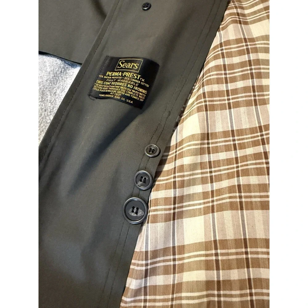 Vintage SEARS Perma Prest Trench Coat Hunter Green Button Liner Men's 40 USA 70s